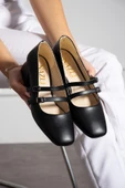Albishoes Kadın Kare Topuk Küt Burunlu Çift Bantlı Klasik Ofis Günlük Şık Topuklu Ayakkabı (36-44) - 4