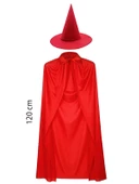 Yetişkin Boy 120 cm Kırmızı Yakalı Pelerin ve Kırmızı Cadı Şapkası - 1
