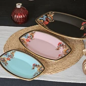 Glore Lorena Asorti Altın Yaldızlı Kayık Tabak Seti (Siyah Pembe Turkuaz) - 2