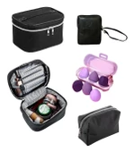 4'lü Makyaj Organizeri Kozmetik Çanta Seti & 3'lü Makyaj Süngeri - Siyah - 1