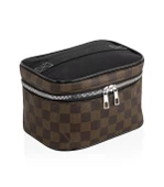 4'lü Makyaj Organizeri Kozmetik Çanta Seti & 3'lü Makyaj Süngeri - Kahverengi Damalı - 2