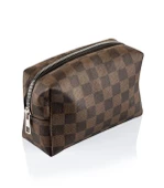 4'lü Makyaj Organizeri Kozmetik Çanta Seti & 3'lü Makyaj Süngeri - Kahverengi Damalı - 5