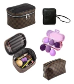 4'lü Makyaj Organizeri Kozmetik Çanta Seti & 3'lü Makyaj Süngeri - Kahverengi Damalı - 1