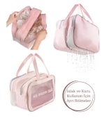 Şeffaf Çift Bölmeli Seyahat Makyaj Organizeri Kozmetik Çantası - Açık Pembe XL - 1