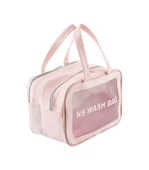 Şeffaf Çift Bölmeli Seyahat Makyaj Organizeri Kozmetik Çantası - Açık Pembe XL - 2