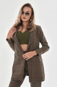 Omuzları Vatkalı Önü Çıtçıtlı Ekose Blazer Ceket - Vizon thumbnail 2