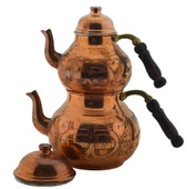 El Işlemeli Desenli Ahşap Saplı Bakır Çaydanlık Mod20 - 1