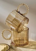 4lü Cam Kupa Seti - Boncuklu Kulp Çay Bardağı Takımı - 200 ML - Çizgi Desen - 2