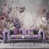 Eflatun Çiçek ve Kelebek Manzaralı Duvar Kağıdı thumbnail 1