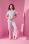 Kadın Önden Düğmeli Altı Uzun Çizgili Mavi Pijama Takımı - 2