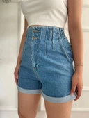 Kadın Plise Detaylı Mavi Kot Şort - 2