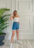 Kadın Plise Detaylı Mavi Kot Şort - 4