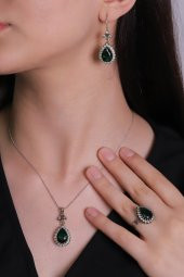 Yeşil Yeşim Zümrüt Taşlı Hürrem Sultan Damla Otantik Gümüş Üçlü Kadın Seti Ayarlanabilir Yüzük - 2