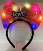 Led Işıklı 3 Farklı Fonksiyonda Yanan Gümüş Love Yazılı Fuşya Pembe Fiyonk Taç 20X17 cm - 1