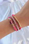 Pembe Renk Zirkon Taşlı Deri Çoklu Bileklik - TJ-BB6350 - 1
