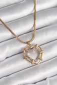 316L Çelik Gold Renk İtalyan Zincir Mix Renk Zirkon Taşlı Kalp Model Kadın Kolye - TJ-BKO9601 - 1