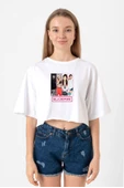 Black Pink Band Beyaz Kadın Crop Tshirt - 1