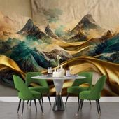 3 Boyutlu Eskitme Dağ ve Suluboya Çizimli Duvar Kağıdı thumbnail 5