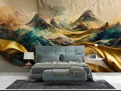 3 Boyutlu Eskitme Dağ ve Suluboya Çizimli Duvar Kağıdı thumbnail 2