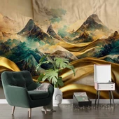 3 Boyutlu Eskitme Dağ ve Suluboya Çizimli Duvar Kağıdı thumbnail 6