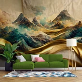 3 Boyutlu Eskitme Dağ ve Suluboya Çizimli Duvar Kağıdı thumbnail 1