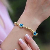 3 Nazar Boncuklu Mega Gold Kaplama Gümüş Bileklik thumbnail 3