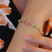 Gold Kaplama Renkli Zirkon Taşlı Kelebek ve Sonsuzluk Taşlı 925 Ayar Gümüş Hallow Bileklik thumbnail 2