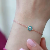 Mine İşli Nazar Boncuğu Çift Zincirli Rose Gold Kaplama Gümüş Bileklik thumbnail 1