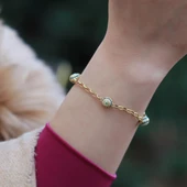 Zirkon Taşlı Gold Kaplama Nazar Boncuklu Gümüş Bileklik thumbnail 1