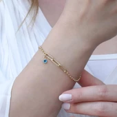 Üçlü Trend Geçme Zincirli Nazar Boncuklu Gold Kaplama Hallow Gümüş Bileklik thumbnail 3