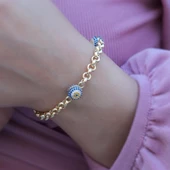 Zirkon Taşlı 3 Nazar Boncuklu Gümüş Hallow Bileklik thumbnail 1