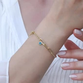 Üçlü Trend Geçme Zincirli Nazar Boncuklu Gold Kaplama Hallow Gümüş Bileklik thumbnail 1