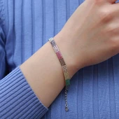 3 Sıra Renkli Zirkon Taşlı İnce Su Yolu Gümüş Bileklik thumbnail 3
