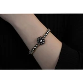 Çiçek Motifli Elmas Modeli Altın Kaplama Gümüş Kelepçe thumbnail 2