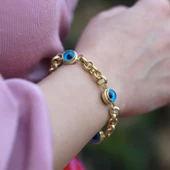 3 Nazar Boncuklu Mega Gold Kaplama Gümüş Bileklik thumbnail 1