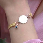 Italyan Zincir Gold Kaplama Nazar Boncuklu Plaka Gümüş Bileklik thumbnail 4