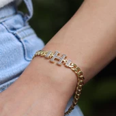 Kişiye Özel Taşlı Harf Gümüş Gurmet Bileklik thumbnail 1