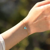 Aquamarin Taşlı Gold Kaplama Sevgili Kalp Gümüş Bileklik thumbnail 3