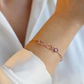 Sonsuzluk Nazar Boncuklu Annem Yazılı Rose Gold Kaplama Gümüş Kelepçe thumbnail 2