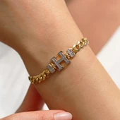 Kişiye Özel Taşlı Harf Gümüş Gurmet Bileklik thumbnail 2