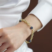 Lacivert Taşlı Gold Kaplama 3 Toplu Gümüş Hallow Bileklik thumbnail 1