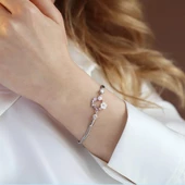 İnci ve Çiçek Motifli Çift Zincirli  Gümüş Bileklik thumbnail 2