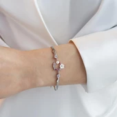 İnci ve Çiçek Motifli Çift Zincirli  Gümüş Bileklik thumbnail 3