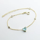 Aquamarin Taşlı Gold Kaplama Sevgili Kalp Gümüş Bileklik thumbnail 4