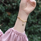 Italyan Zincir Gold Kaplama Nazar Boncuklu Plaka Gümüş Bileklik thumbnail 2