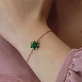 Yeşil Zirkon Taşlı Lotus Çiçeği Rose Gold Kaplama Gümüş Bileklik thumbnail 2