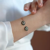 2'li Nazar Yeşil Taşlı Rose Gold Kaplama Gümüş Kelepçe thumbnail 1