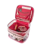 Şeffaf Çift Katlı Fırça Bölmeli Seyahat Makyaj Organizeri Kozmetik Çantası - MKJ-360 Açık Pembe - 5