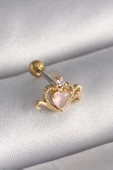 316L Çelik Gold Renk Pembe Mineli Kalp Zirkon Taş Detay Tragus Piercing - TJ-PR1260 - 1