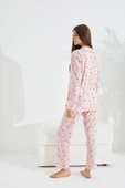 Siyah İnci somon puan desenli Pamuklu Düğmeli Pijama Takımı - 2
